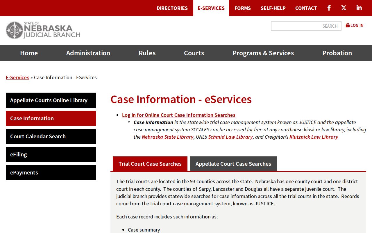 Custer County criminal court case access through Nebraska JUSTICE