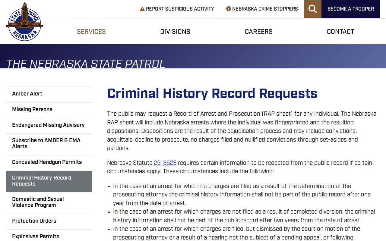 Custer County criminal history official Nebraska RAP sheet request
