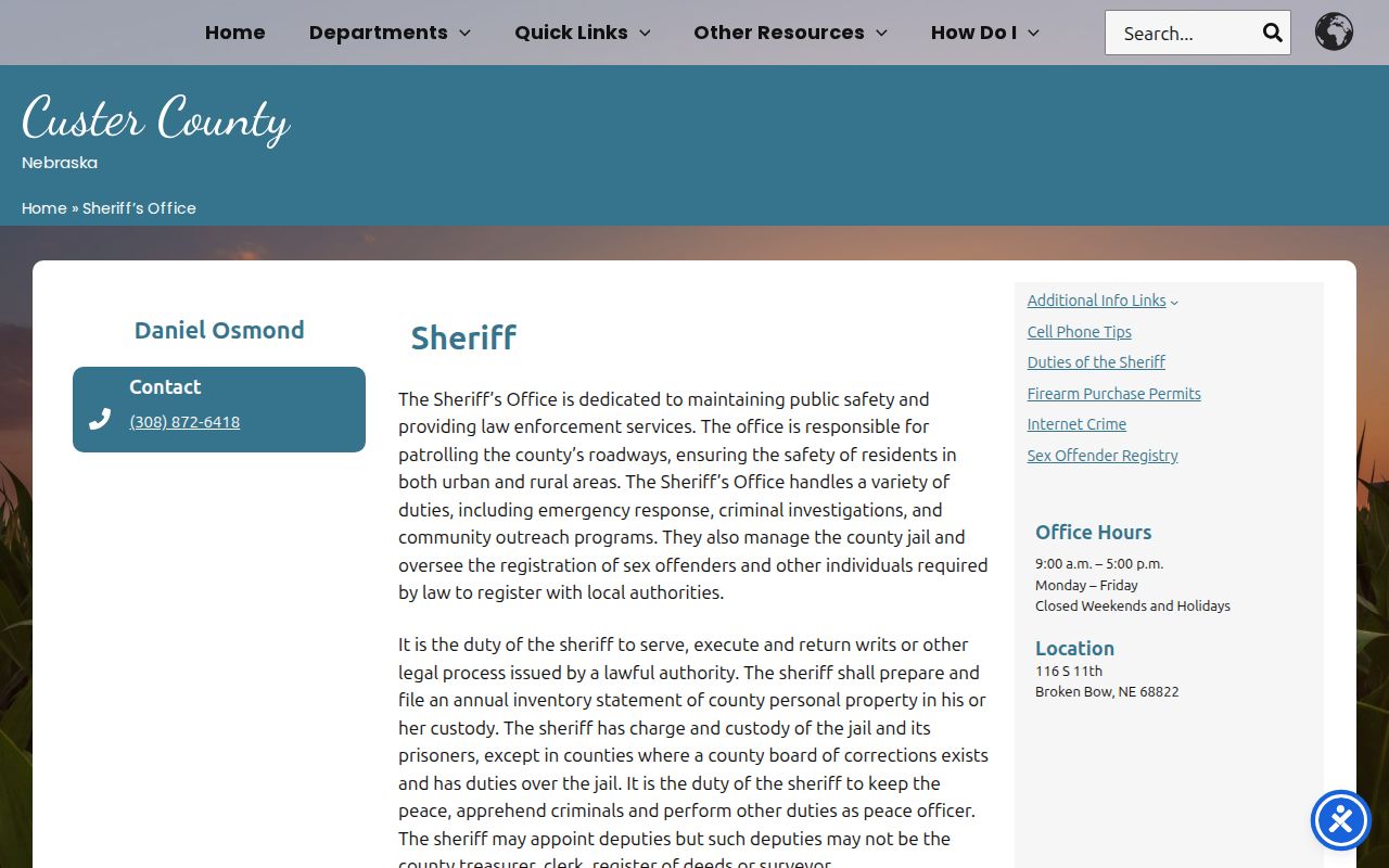 Custer County criminal history sheriff records contact